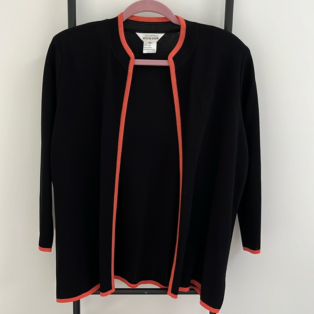 Vintage Exclusively Misook Open Front Black Long Sleeve Cardigan Women Size XL